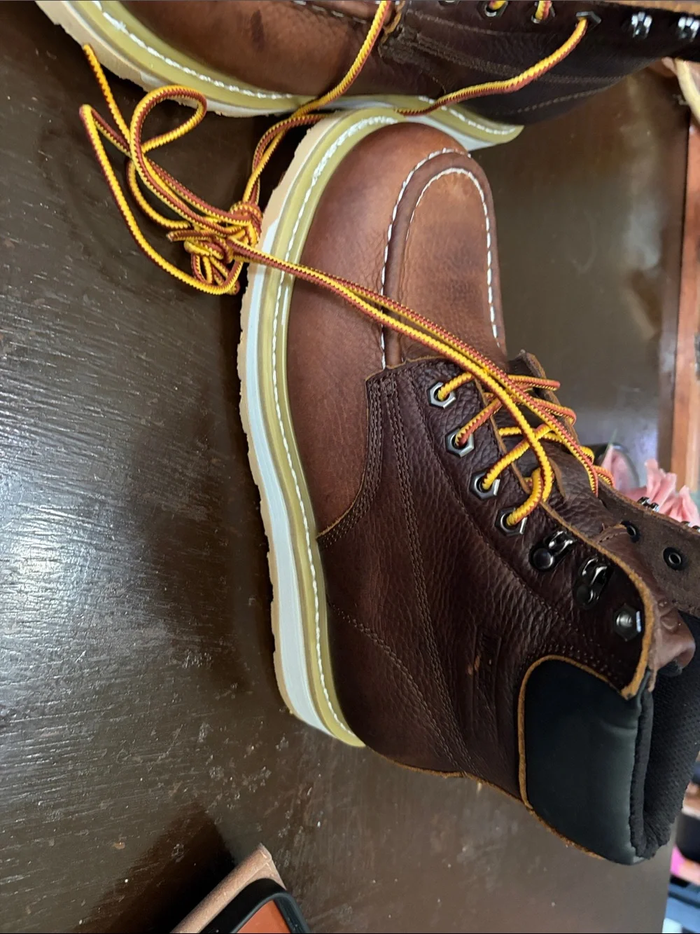 Men's Brown Leather Work Boots with Cream Sole size 8